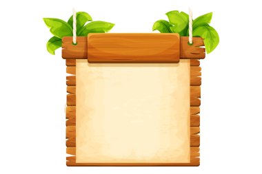 Orman iskeleti ahşap kalaslar, eski kağıt, ip, süslü bitkiler ve beyaz arka planda izole çizgi film tarzında yapraklar. Kabile, kırsal klip sanatı. Ui oyun varlığı. Vektör illüstrasyonu