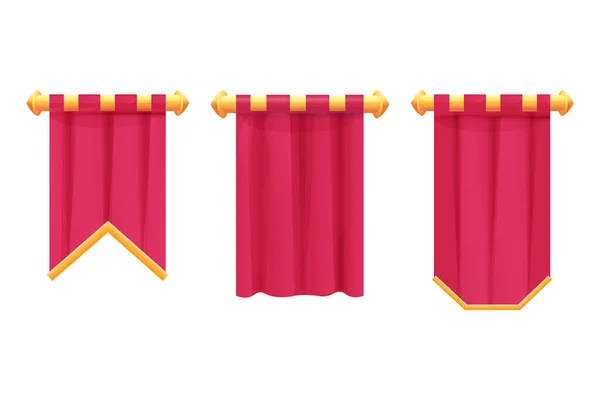 Stel Rode Opknoping Middeleeuwse Banner Vlag Met Doek Textuur Gouden — Stockvector