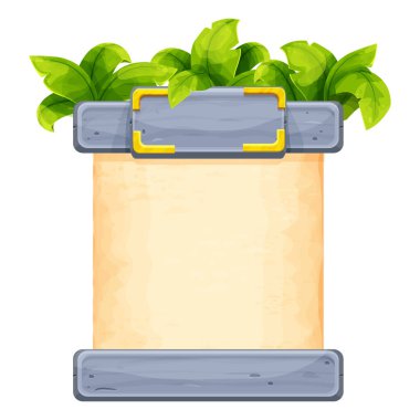 Parşömenli taş orman iskeleti, bitkilerle süslenmiş menü tabelası beyaz arka planda izole edilmiş çizgi film tarzında yapraklar. Ui oyun varlık arayüzü. Vektör illüstrasyonu