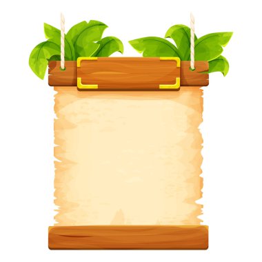 Orman iskeleti ahşap kalaslar, eski kağıt, ip, süslü bitkiler ve beyaz arka planda izole çizgi film tarzında yapraklar. Kabile, kırsal klip sanatı. Ui oyun varlığı. Vektör illüstrasyonu