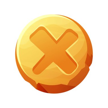 Altın kapama oyunu arayüzü, menü ögesi, beyaz arkaplanda izole edilmiş çizgi film tarzında çapraz şekil. Vektör illüstrasyonu