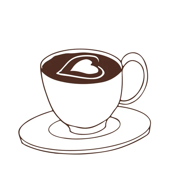 Чашка Кофе Украшением Сердца Горячий Напиток Стиле Каракули Изолированы Белом — стоковый вектор