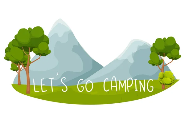 Camping Forest Mountain Landscape Cartoon Style Sticker Emblem Isolated White — 스톡 벡터