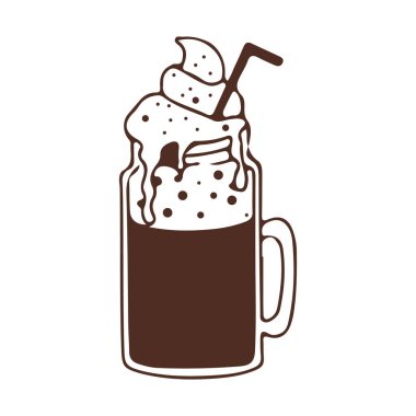 Beyaz arka planda izole edilmiş kremalı, kalp süsleme içeceğiyle birlikte kahve bardağı kavanozu. Komik bir ikon, tasarım elemanı. Vektör illüstrasyonu