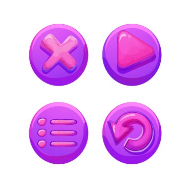 Oyun düğmeleri, beyaz arkaplanda izole edilmiş komik çizgi film tarzında ikonlar fantezisi. Oyun menüsü, arayüz tasarımı. Evet değerli. Vektör illüstrasyonu