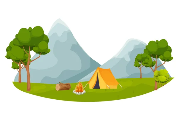 Camping Forest Mountain Tent Fire Landscape Cartoon Style Sticker Emblem — Stockvektor