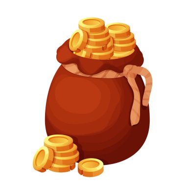 Beyaz arka planda izole edilmiş, çizgi film tarzında altın sikkeleri olan yaşlı bir çanta. Para çantası, hazine kutusu. Ui simgesi, varlık. Vektör illüstrasyonu