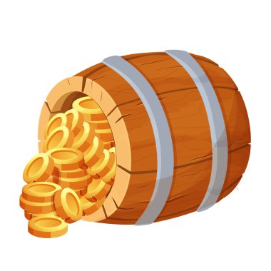 Beyaz arka planda izole edilmiş karikatür tarzında altın sikkeleri olan ahşap fıçı. Ui oyun varlığı. Detaylı, desenli nesne. Konteynır retro. Vektör illüstrasyonu