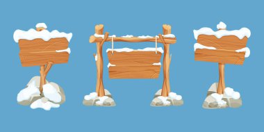 Eski tahta boş, çizgi film tarzında karlı tabela. Boş çerçeveler, mavi arka planda izole edilmiş istikamet tahtaları. Mevsim dekorasyonu. Vektör illüstrasyonu