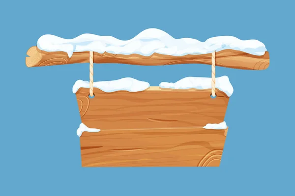 Old Winter Wooden Blank Signboard Snow Rope Cartoon Style Empty — Wektor stockowy