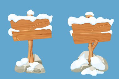 Eski tahta boş, çizgi film tarzında karlı tabela. Boş çerçeveler, mavi arka planda izole edilmiş istikamet tahtaları. Mevsim dekorasyonu. Vektör illüstrasyonu