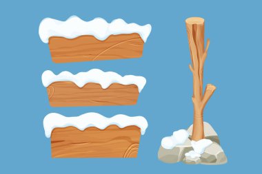 Ahşap tabela, tahta sopa ve beyaz arka planda karlı tahta döşemeler. Oyun varlıkları, evet. Dokuma malzemesi, masaj çerçevesi, dekorasyon. - Evet. Vektör