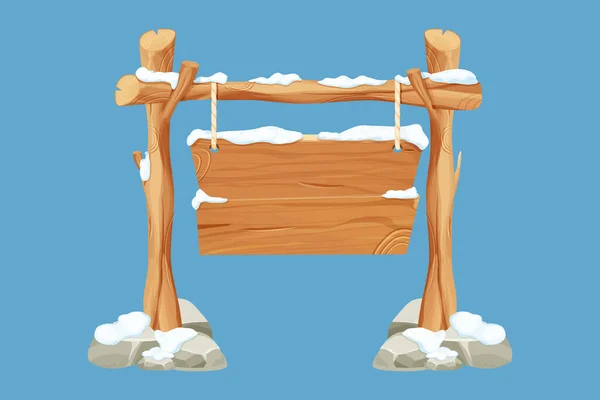 Old Winter Wooden Blank Signboard Snow Rope Cartoon Style Empty — Vetor de Stock