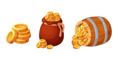 Set wooden barrel with treasure gold coins, old bag, sack in cartoon style isolated on white background. Ui game asset. Detailed, textured object. Container retro. Vector illustration