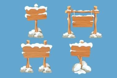 Eski tahta boş, çizgi film tarzında karlı tabela. Boş çerçeveler, mavi arka planda izole edilmiş istikamet tahtaları. Mevsim dekorasyonu. Vektör illüstrasyonu