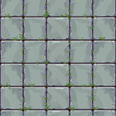 Stone wall from bricks, rock wall with grass game background in cartoon style, seamless textured surface. Ui game asset, road or floor material. Vector illustration