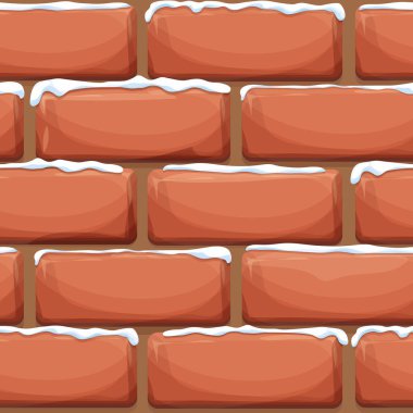 Brick wall with snow, stone bricks, rock surface in cartoon style, winter seamless background. Ui game asset, pavement or road. Textured and detailed. Vector illustration