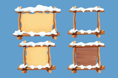 Set Old wooden blank, signboard with snow, parchment in cartoon style.Empty frame, direction plank isolated on white background. Season decoration. Vector illustration