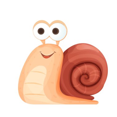 Snail funny cheerful and smiling character with shell in cartoon style isolated on white background. Cute character, positive emotion. Character slug. Vector illustration
