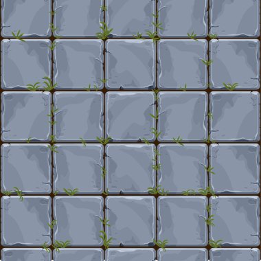 Stone wall from bricks, rock wall with grass game background in cartoon style, seamless textured surface. Ui game asset, road or floor material. Vector illustration