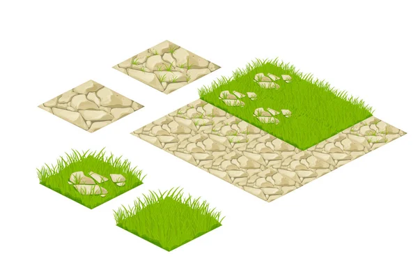 Set Isometric Tile Lawn Map Elements Grass Stones Cartoon Style — Vetor de Stock