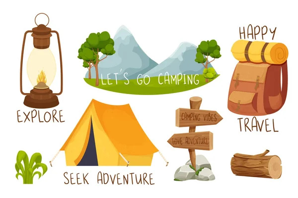 Definir Camping Viagem Equipamento Barraca Florestal Adesivo Com Texto Estilo — Vetor de Stock