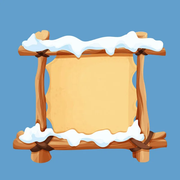 Oude Houten Blanco Bord Met Perkament Sneeuw Cartoon Stijl Leeg — Stockvector