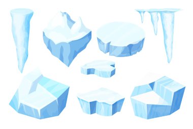 Set Ice floe, frozen water piece, iceberg in cartoon style isolated on white background. Polar landscape element, ui game asset. Winter decoration. Vector illustration