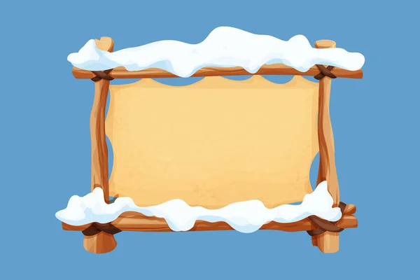 Oude Houten Blanco Bord Met Perkament Sneeuw Cartoon Stijl Leeg — Stockvector