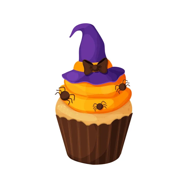 Cupcake Halloween Witch Hat Orange Cream Decorated Spiders Dessert Cartoon — Stock Vector