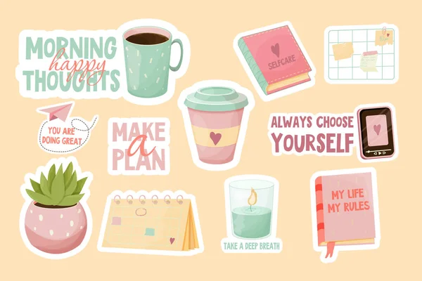 Set Essentials Self Care Elements Study Rest Mental Health Pink — Image vectorielle
