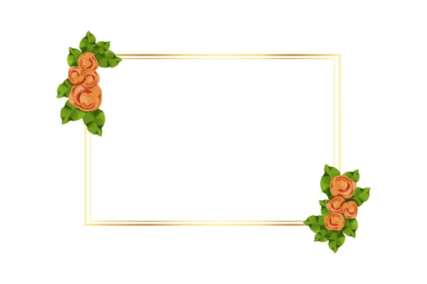 Золота Рамка Прикрашена Трояндами Квітами Листям Мультиплікаційному Стилі Ізольована Білому — стоковий вектор