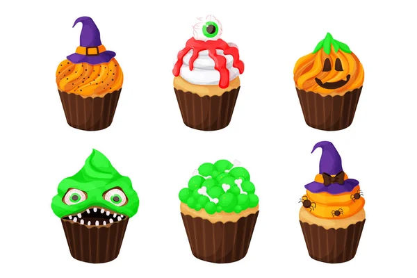 Definir Cupcake Halloween Monstro Sobremesa Com Rosto Assustador Dentes Olhos — Vetor de Stock