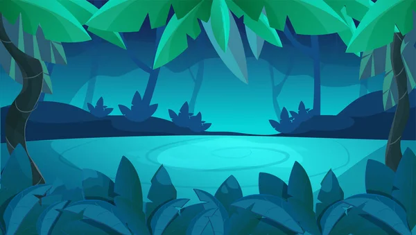 Джунглі Лісові Ігри Сплеск Екрану Горизонтальний Фон Темної Чарівної Ночі — стоковий вектор