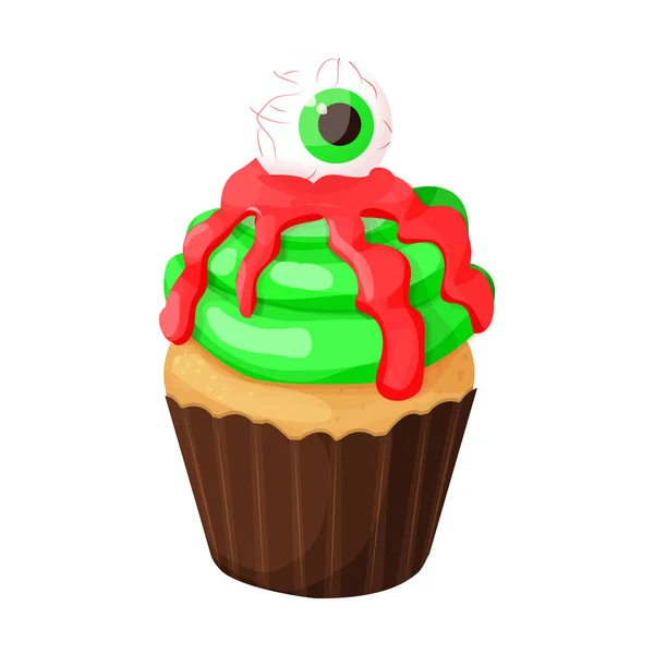 Cupcake Halloween Monstre Dessert Avec Effrayant Oeil Sur Gelée Sang — Image vectorielle