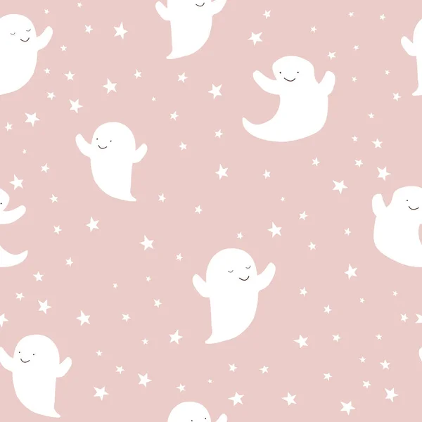 Cute Duch Halloween Różowym Tle Ozdobione Gwiazdami Dzieci Wakacje Bezproblemowy — Wektor stockowy