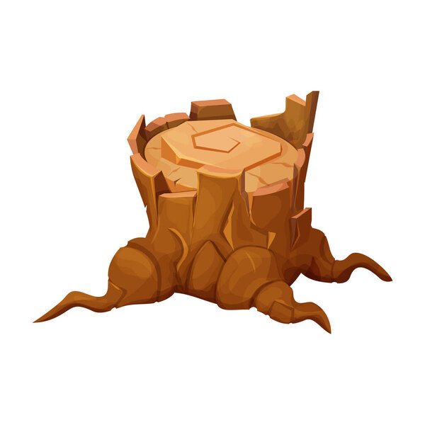 Stump of tree, detailed drawing in cartoon style isometric isolated on white background. Log, outdoor forest chopped wooden material. Textured clipart stock. . Vector illustration
