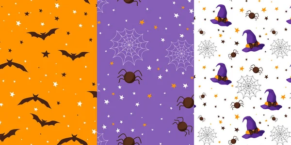 Set Halloween Cute Seamless Patterns Bat Spider Witch Hat Simple — Stock Vector