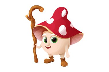 Mantar mantarlı şirin karakter, kırmızı şapkalı, tahta sopalı, çizmeli ve yeşil gözlü beyaz arka planda izole edilmiş. Vektör illüstrasyonu