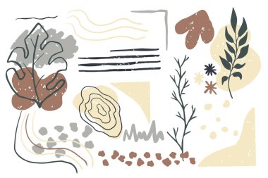 Moda estetik organik şekilleri, soyut küme elementlerini, beyaz arka planda izole bohem desenli koleksiyonu ayarla. Tasarım için minimum biçim ögesi. Vektör illüstrasyonu