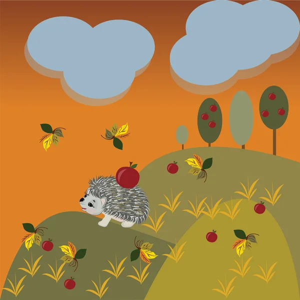 Paysage fantastique d'automne avec hérisson — Image vectorielle