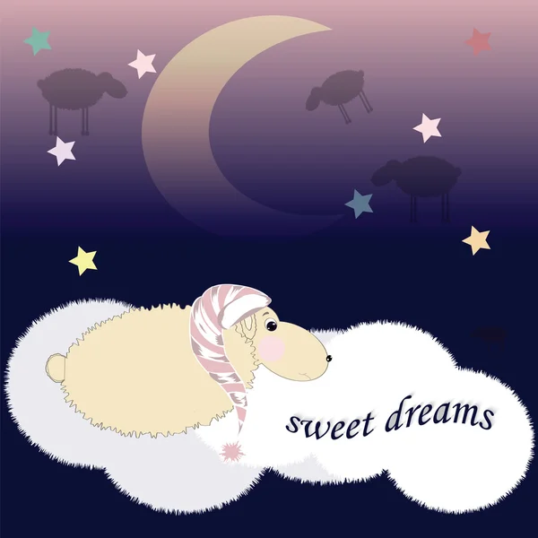 Sleeping sheep in the nightcap in the clouds — Stock Vector