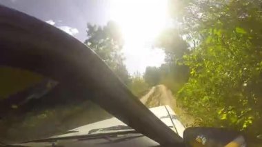 Eski araba kötü bir orman yolunda gidiyor. Off-road sürücüsü