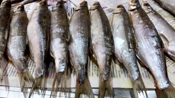 Solené sušené ryby na pultu na venkovském trhu — Stock video