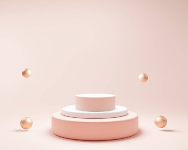 Soyut geometri şekli beyaz renk ve pembe renk podyumu ürün için pembe renk arkaplanı. Minimum konsept. 3d oluşturma.