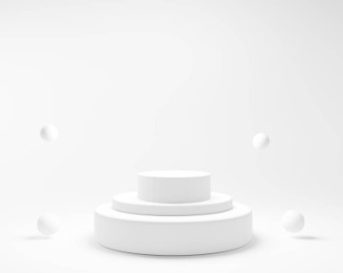 Kozmetik ürün sunumu için geometrik üç adım beyaz silindir podyum platformu. Boş alan tasarla..