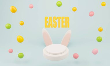 Mutlu Paskalyalar. Güzel bir Paskalya karikatürü. Tavşan kulakları ve narin bir arka planda boyanmış yumurtalar. 3B illüstrasyon.