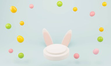 Mutlu Paskalyalar. Güzel bir Paskalya karikatürü. Tavşan kulakları ve narin bir arka planda boyanmış yumurtalar. 3B illüstrasyon.