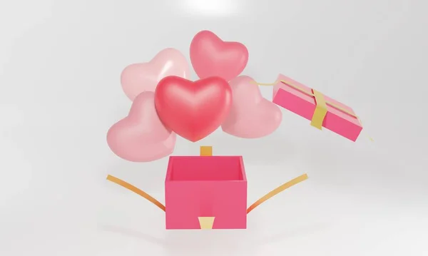 3d pink balloons in the shape of a heart flying out of an open gift box. Festive greeting concept. 3d realistic illustration — Stock Photo, Image