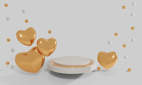 3D 、表示、背景。ハートと金色のボールで白い表彰台をクリーム.バレンタインデー結婚式母の日。美容、化粧品製品のプレゼンテーション。最小限のパステルショーケース。アブストラクトスタジオ — ストック写真